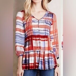Maeve Anthropologie Colorful Plaid Button-Down Top Tunic 3/4 Sleeve Blouse Sz Sz